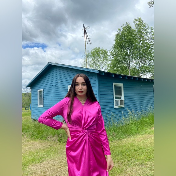 Hot Pink Satin Knot-Front Maxi Dress – Long Sleeve, Draped Silhouette - Picture 7 of 8